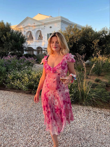 Printed Pink Strap Ruffle Chiffon Tea Length Ball Gown Party Dress HZ1024