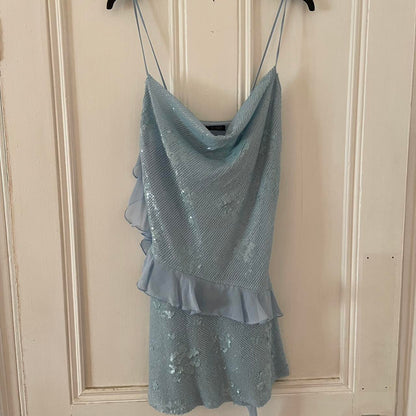 Spaghetti Strap Light Blue Sequin Ruffle Short Party Dress Homecoming Dress HZ1024