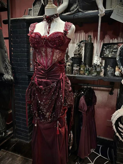 Vintage Burgundy Strap Lace Beaded Sequin Satin Mermaid Prom Dress Party Dress HZ1024