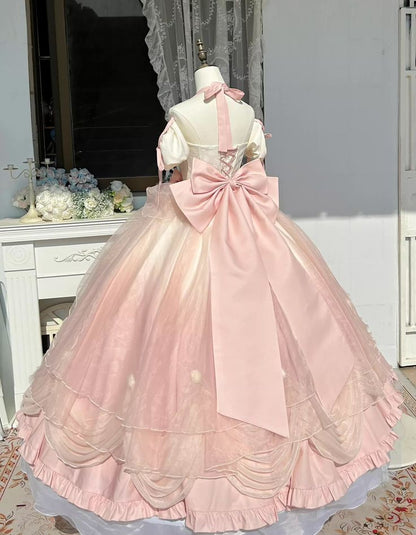 Cute Sweetheart Princess Sweet 16 Quinceanera Halter-neck A-Line Bow Birthday Party Dress Prom Dress Ball Gown HZ1024