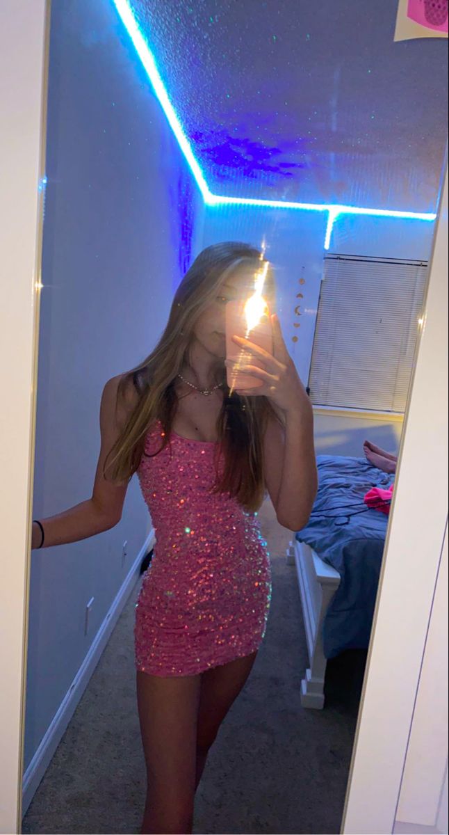 Sexy Hot Pink Spaghetti Strap Sequin Bodycon Mini Birthday Party Dress Homecoming Dress HZ1024