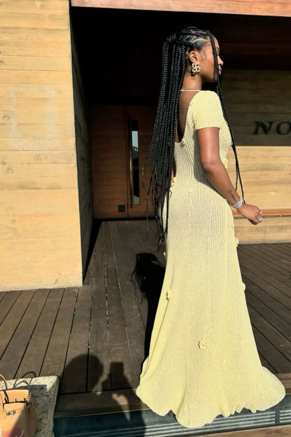 Sexy Light Yellow Short Sleeve Hollow Knitted Mermaid Floor Length Ball Gown Party Dress HZ1024