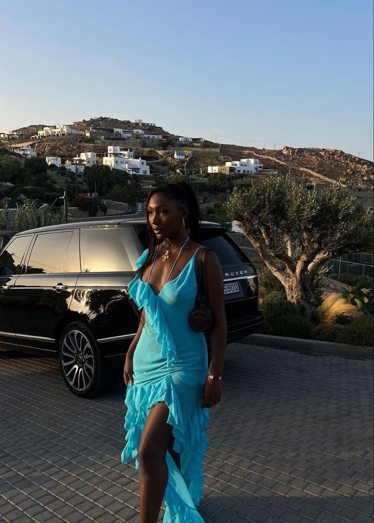 Sexy Blue Halter Neck Sleeveless Ruffle Slit Prom Dress Party Dress HZ1024