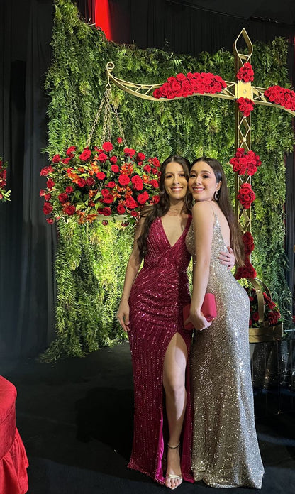 Elegant Mermaid Burgundy Slit V Neck Sequin Formal Prom Dress Evening Gown HZ1024