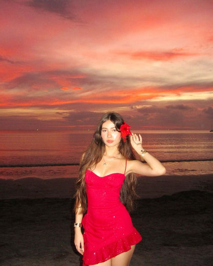 Sexy Spaghetti Strap Red Ruffle Short Prom Dress Party Dress HZ1024