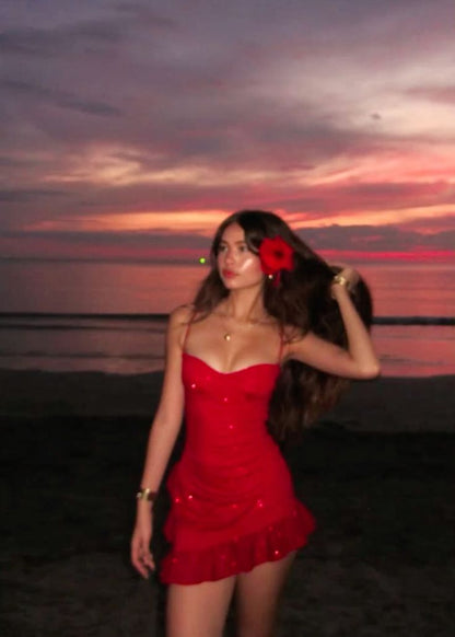 Sexy Spaghetti Strap Red Ruffle Short Prom Dress Party Dress HZ1024