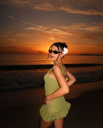 Chic Knit Green Spaghetti Strap Deep V Neck Sleeveless Mini Party Dress Homecoming Dress HZ1024