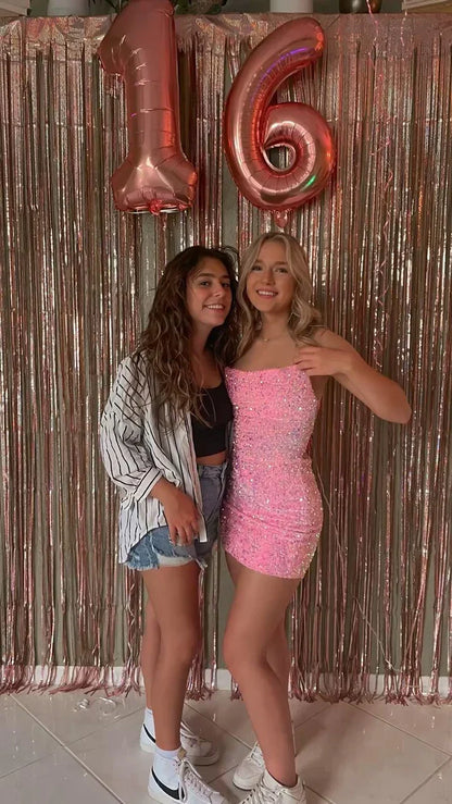 Sparkling Halter Neck Pink Sequin Backless Short Birthday Party Dress Homecoming Dress HZ1024