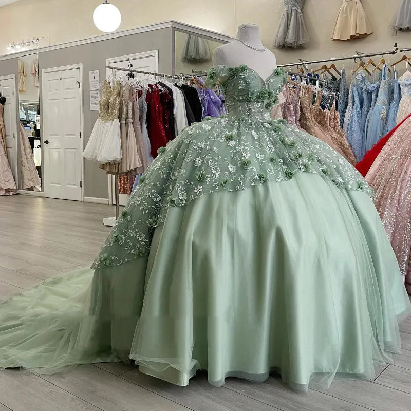 Gorgeous A-line Tutu Off-shoulder 3D Flower Strap Train Formal Prom Dress Evening Gown HZ1024