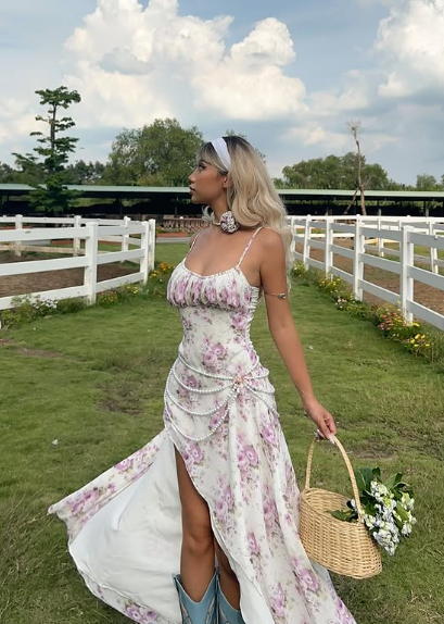 Printed Spaghetti Strap Sleeveless Chiffon High Low Prom Dress Party Dress HZ1024
