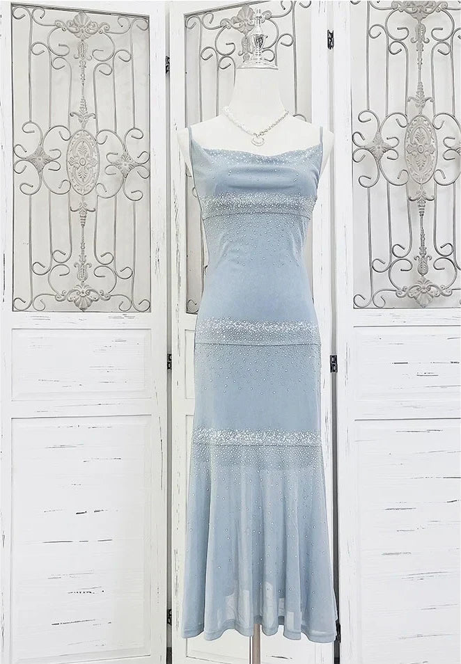 Spaghetti Strap Sleeveless Simple Blue Sequin Mermaid Prom Dress Evening Dress HZ1024