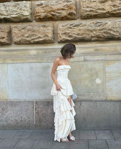 Elegant White Strapless Tiered Ruffle Slit Long Ball Gown Evening Dress HZ1024