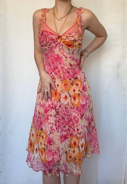 Vintage Pink Printed V Neck Sleeveless Chiffon Prom Dress Evening Dress HZ1024