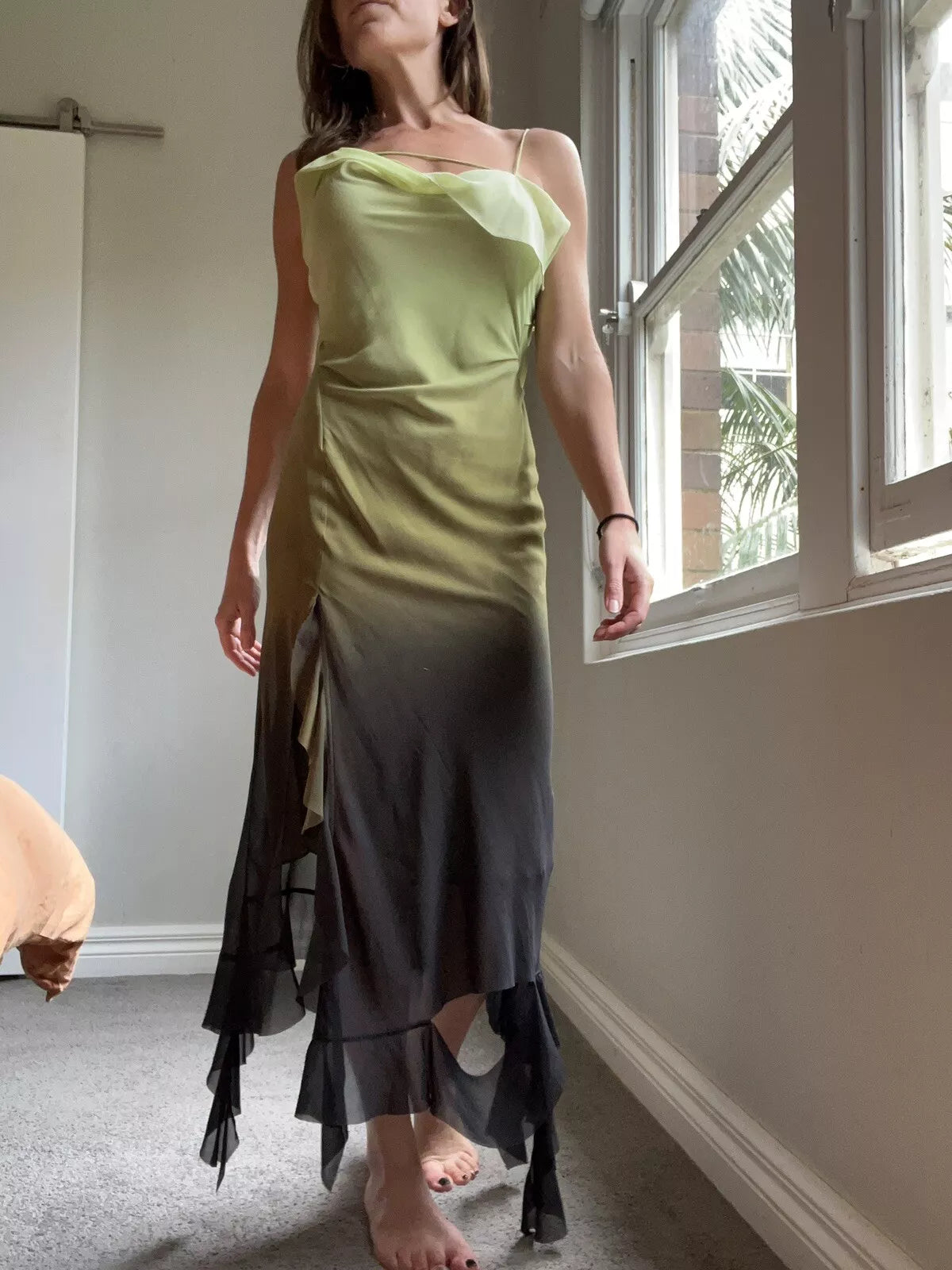Gradient Green Spaghetti Strap Chiffon Sleeveless Ruffle Ankle Length Ball Gown Evening Dress HZ1024