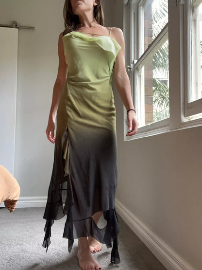 Gradient Green Spaghetti Strap Chiffon Sleeveless Ruffle Ankle Length Ball Gown Evening Dress HZ1024