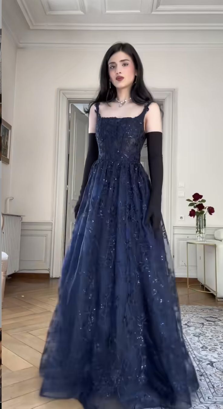 Elegant A-Line Navy Strap Lace Long Prom Dress Evening Gown HZ1024