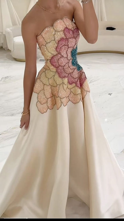 Elegant A-Line Strapless Beaded Satin Long Formal Prom Dress Evening Gown HZ1024