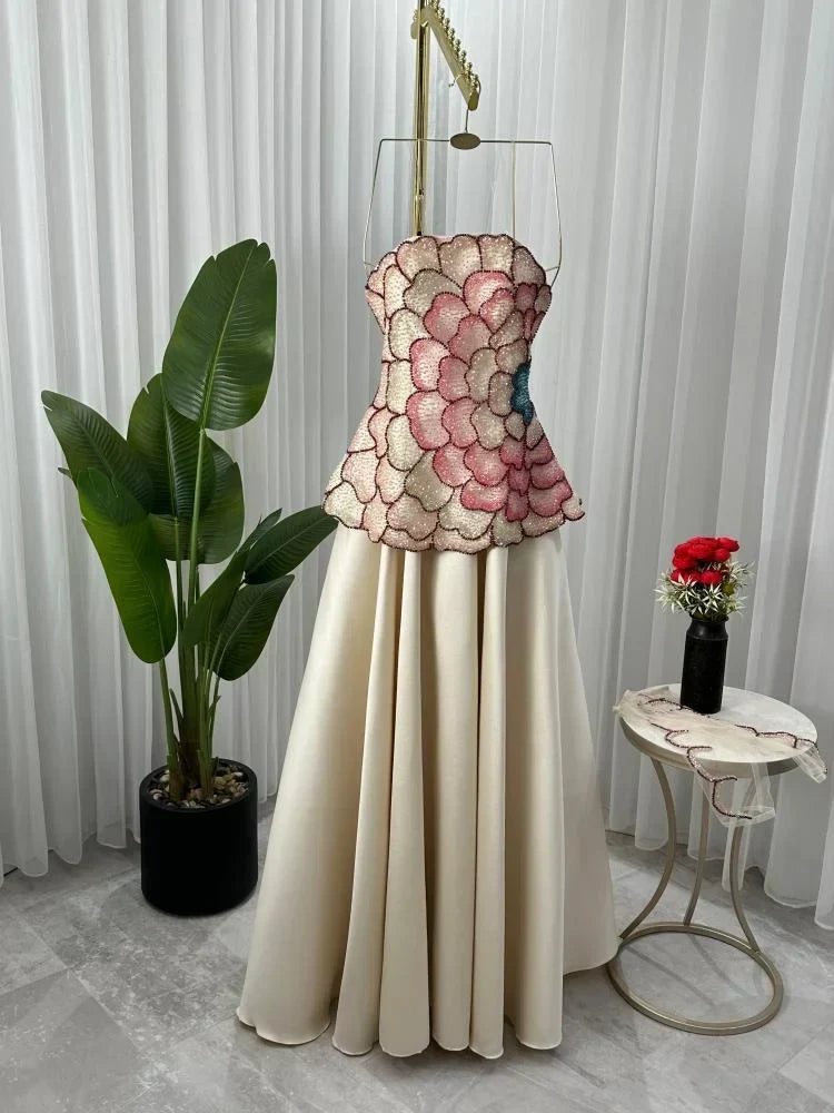 Elegant A-Line Strapless Beaded Satin Long Formal Prom Dress Evening Gown HZ1024