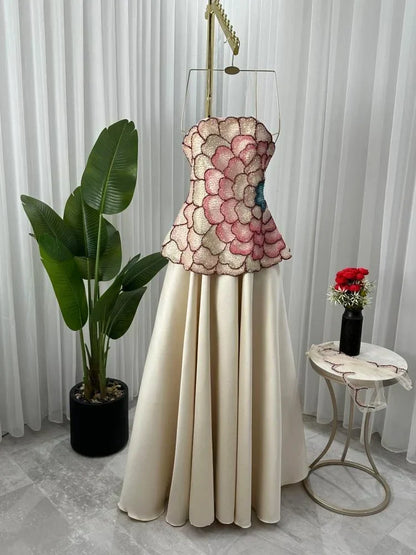 Elegant A-Line Strapless Beaded Satin Long Formal Prom Dress Evening Gown HZ1024