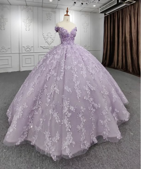 Gorgeous A-line purple tutu off-the-shoulder floral dress with tail prom dress evening dress HZ1024