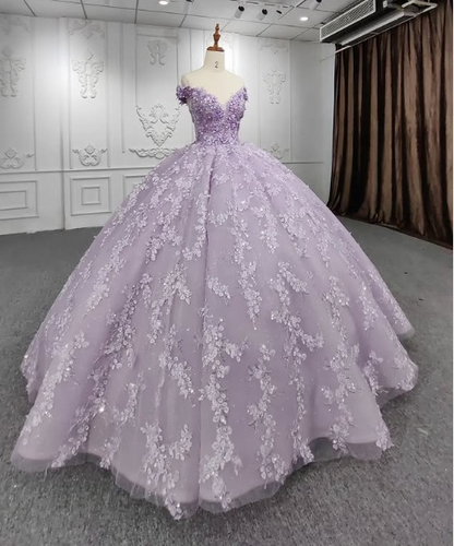 Gorgeous A-line purple tutu off-the-shoulder floral dress with tail prom dress evening dress HZ1024