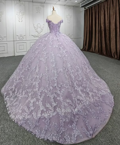 Gorgeous A-line purple tutu off-the-shoulder floral dress with tail prom dress evening dress HZ1024