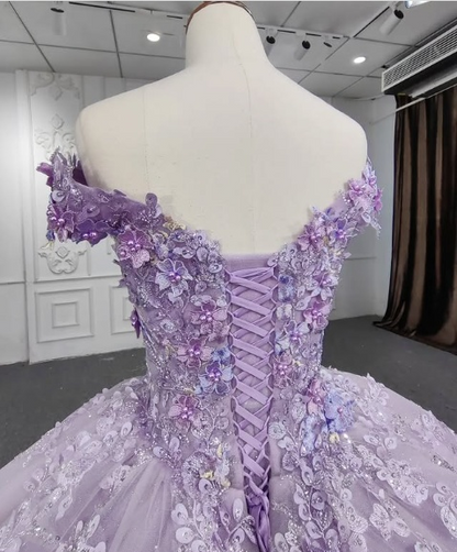 Gorgeous A-line purple tutu off-the-shoulder floral dress with tail prom dress evening dress HZ1024