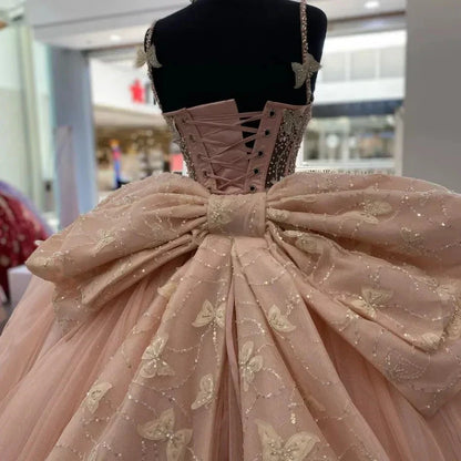 Sweet Pink Bow Tulle Butterfly A-Line Tutu Prom Dress Evening Gown HZ1024