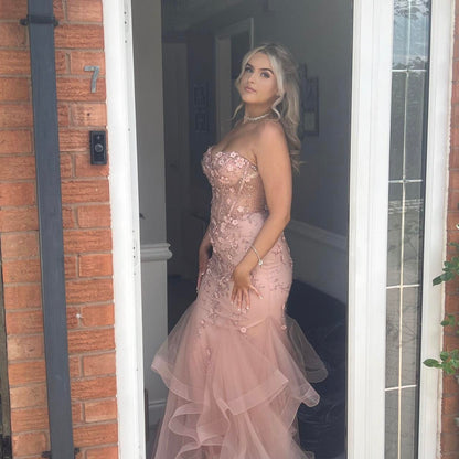 Elegant Pink Strapless Sweetheart Neck Mermaid Tulle Long Prom Dress Evening Dress HZ1024