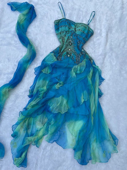 Retro Gradient Blue Suspender Chiffon Ruffle Beaded Prom Dress Evening Gown HZ1024