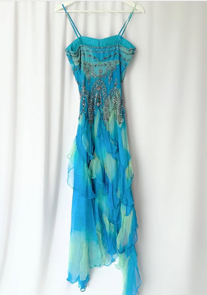 Retro Gradient Blue Suspender Chiffon Ruffle Beaded Prom Dress Evening Gown HZ1024