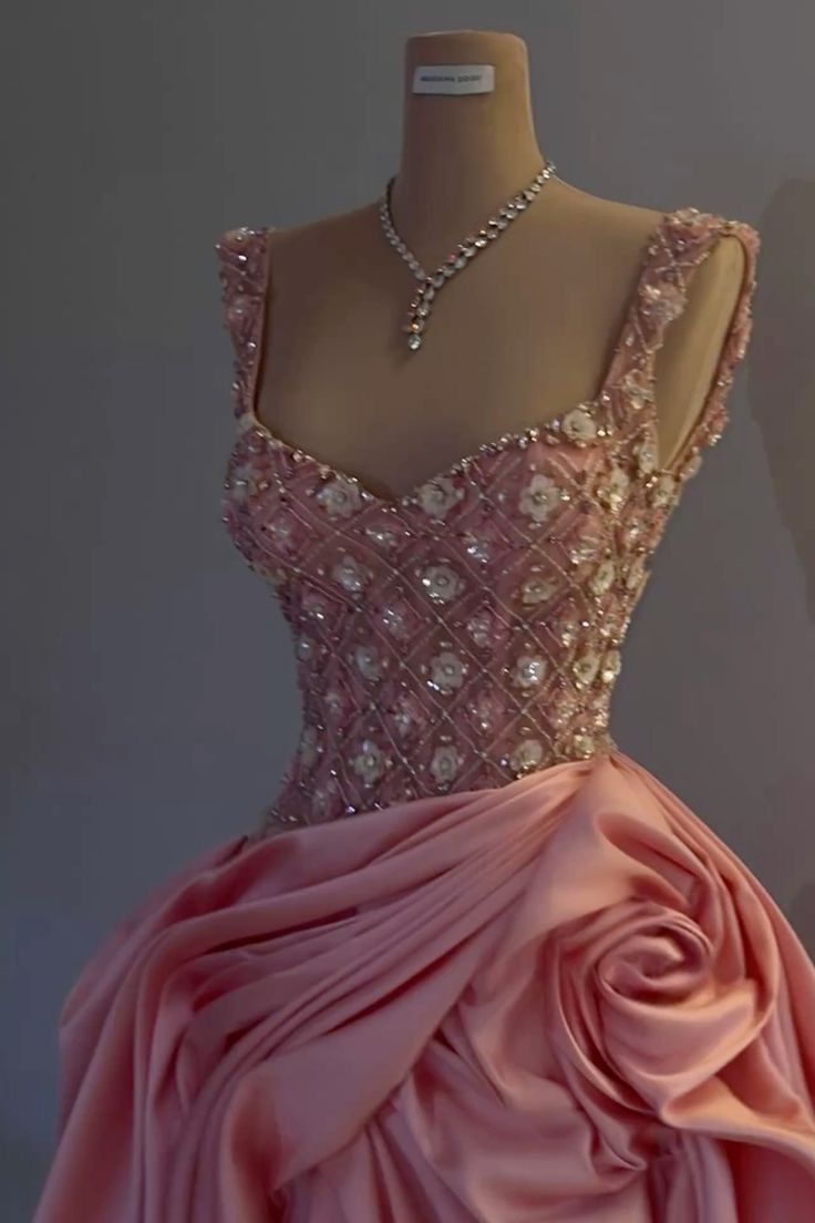 Sweet Pink Strap Beaded Satin A-Line Formal Prom Dress Evening Gown HZ1024