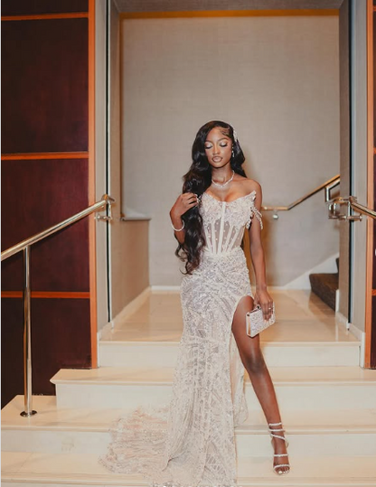 Sexy White Off Shoulder High Slit Sequined Trailing Prom Dress Evening Dress HZ1024