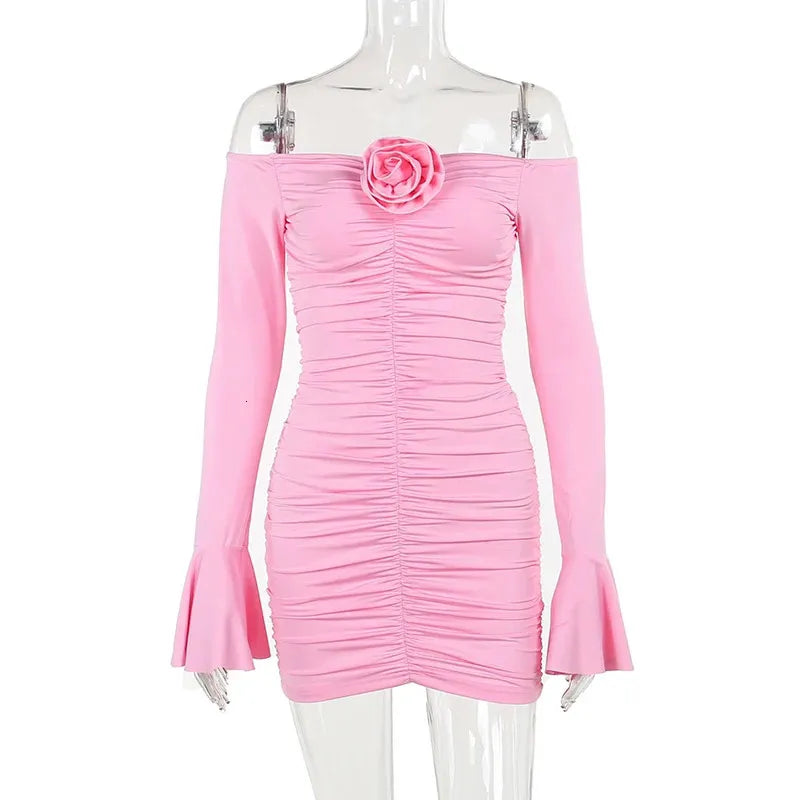 Sexy Pink Off Shoulder Long Sleeve 3D Flower Pleated Mini Party Dress Homecoming Dress HZ1024