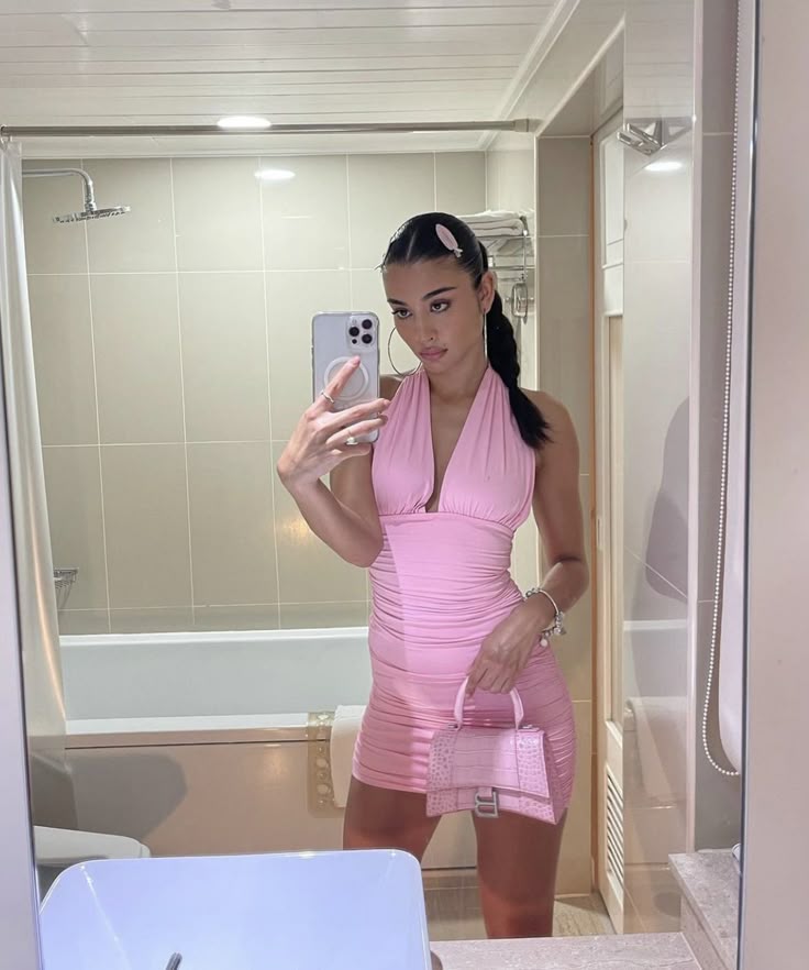 Pink Halter Plunge Neck Off Shoulder Bodycon Mini Party Dress Homecoming Dress HZ1024