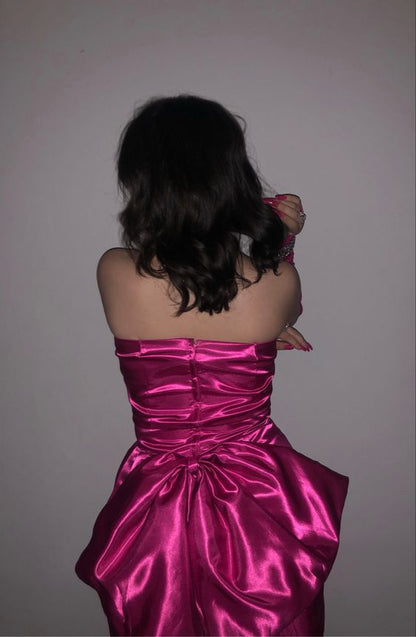 Sweet Hot Pink Strapless Satin Bow Short Party Dress Homecoming Dress Sleeveless HZ1024
