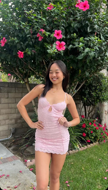 Sweet Pink Lace Halter Bodycon Backless Mini Party Dress Homecoming Dress HZ1024