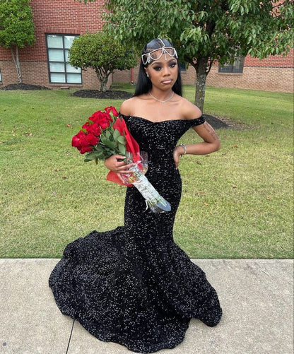 Sexy Black Sequin Off Shoulder Mermaid With Train Prom Dress Evening Dress HZ1024