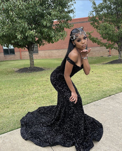 Sexy Black Sequin Off Shoulder Mermaid With Train Prom Dress Evening Dress HZ1024