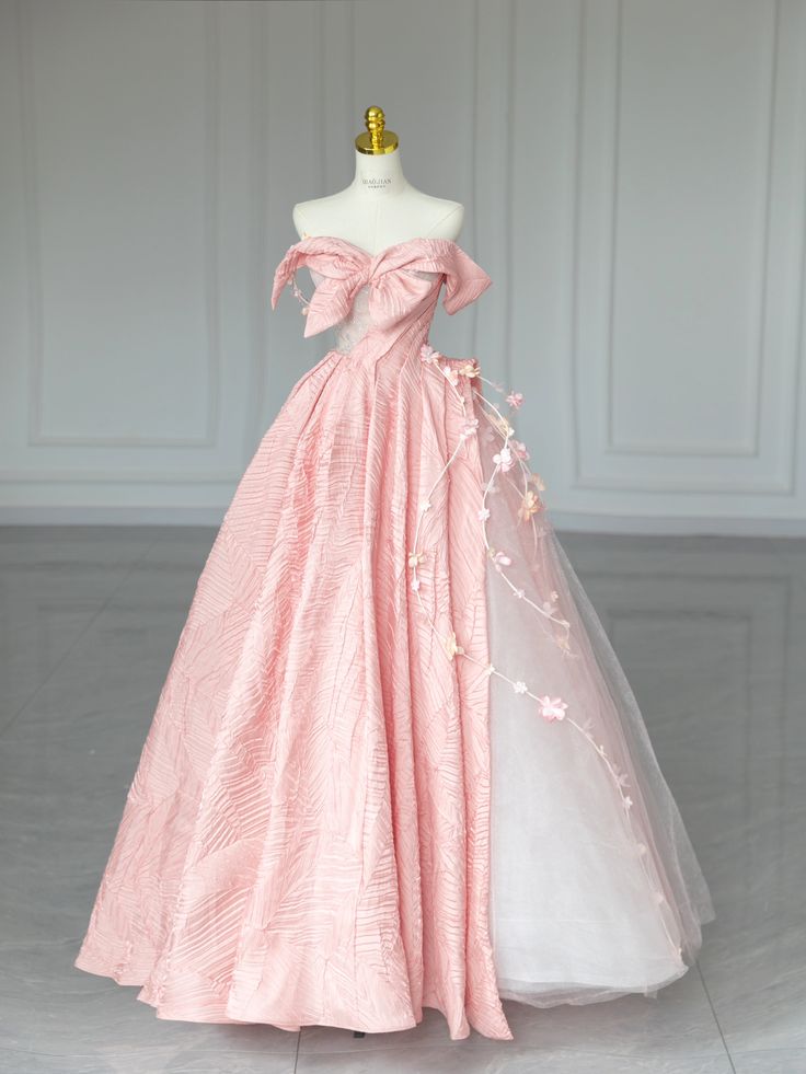 Sweet Pink Off-Shoulder Bow A-Line Prom Dress Evening Gown HZ1024