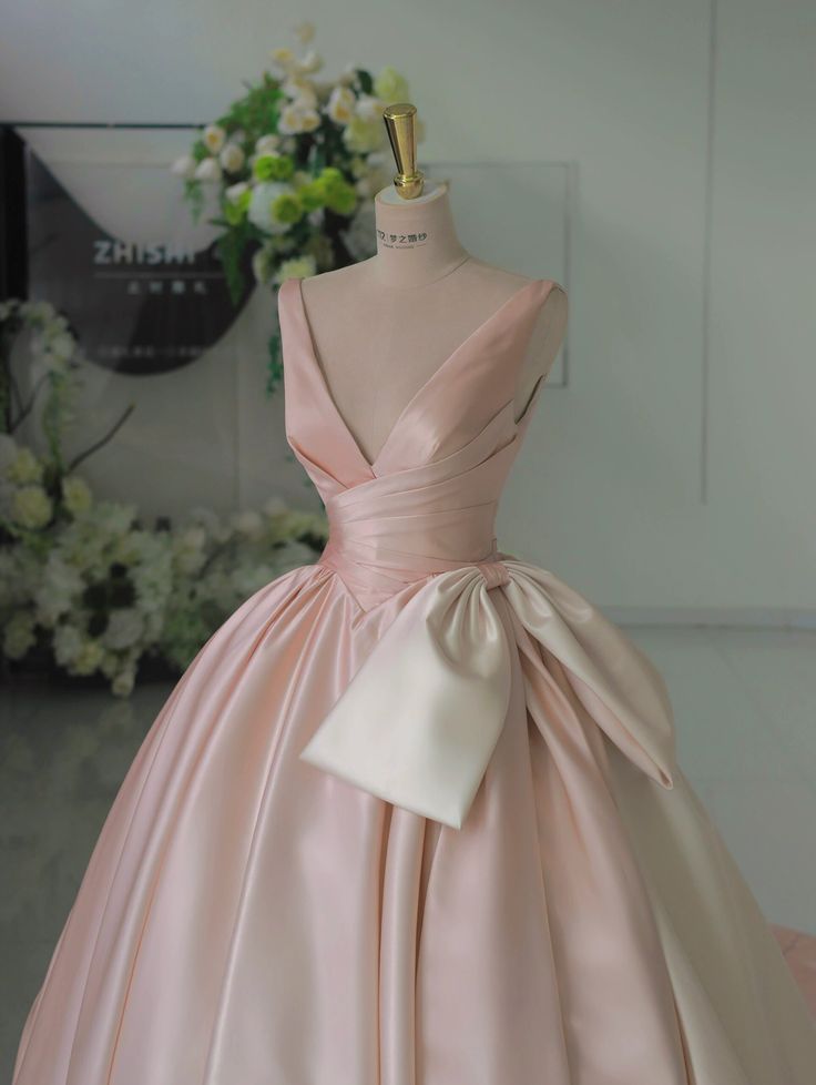 Gradient pink V-neck satin bow-tie A-line prom dress evening dress HZ1024