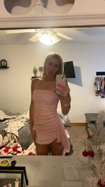 Shiny Pink Off Shoulder Bodycon Short Birthday Party Dress Homecoming Dress HZ1024