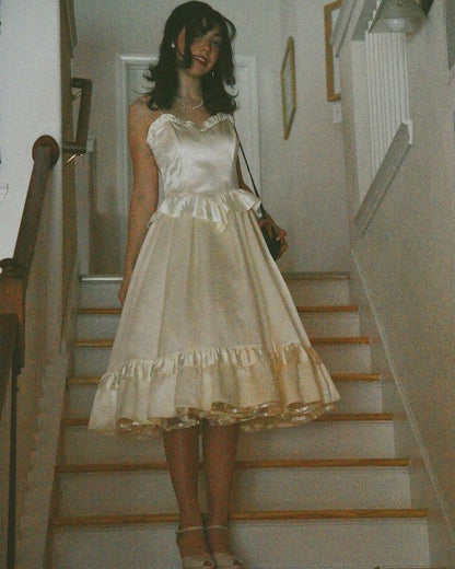 Vintage Ivory Strapless A-Line Satin Birthday Party Dress Homecoming Dress HZ1024