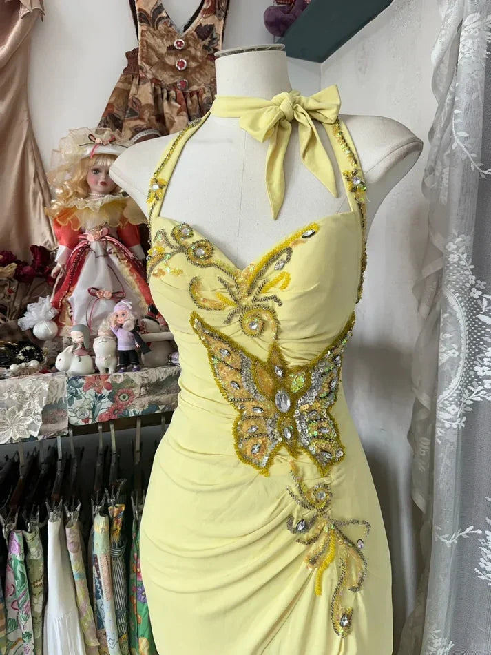 Vintage Yellow Halter Neck Sequined Backless Mermaid Prom Dress Evening Dress HZ1024
