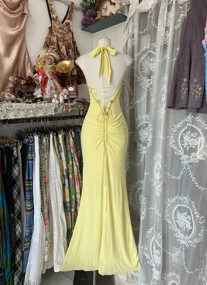 Vintage Yellow Halter Neck Sequined Backless Mermaid Prom Dress Evening Dress HZ1024