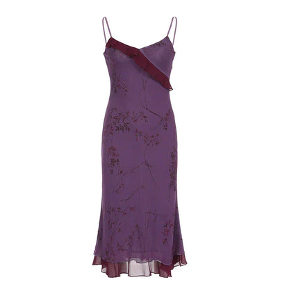 Vintage Purple Printed Strapless Ruffled Mesh Prom Dress Evening Dress HZ1024