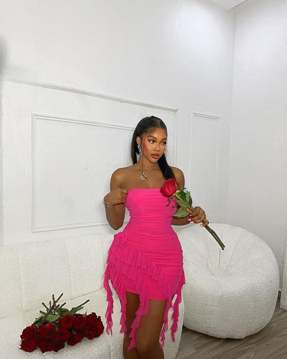 Sexy Hot Pink Strapless Ruffle Bodycon Mini Party Dress Homecoming Dress HZ1024
