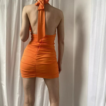 Sexy Orange Halter Neck Low Cut Backless Bodycon Mini Party Dress Homecoming Dress HZ1024