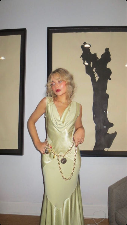 Beautiful Green Sleeveless Satin Mermaid Long Prom Dress Evening Dress No Waist Chain HZ1024