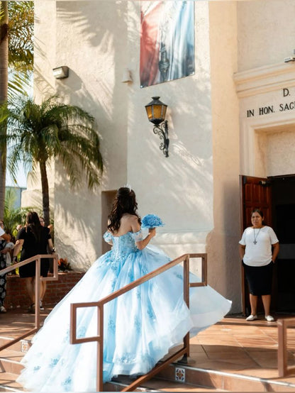 Beautiful Princess Dress Blue Off-the-shoulder Prom Dress A-line Floor-length Evening Dress HZ1024